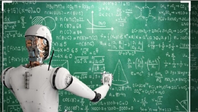 Un robot entrain d’écrire des algorithme sur un tableau