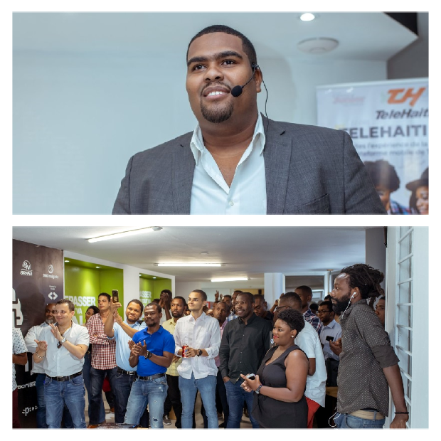La photo présente Marc Alain Boucicault, le PDG de Banj devant un public qui applaudit.