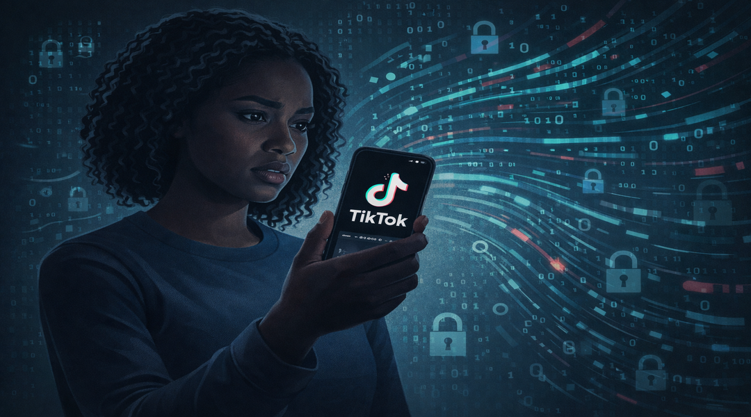 African American woman looking at her smartphone displaying the TikTok logo, surrounded by abstract digital data streams and security symbols representing data privacy concerns.