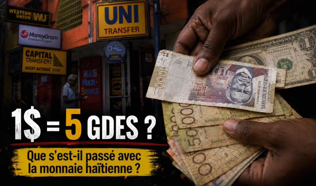 Des mains tiennent des billets de gourdes haïtiennes et un dollar américain devant plusieurs agences de transfert d’argent en Haïti, illustrant la crise du taux de change et la dépréciation de la monnaie haïtienne.
